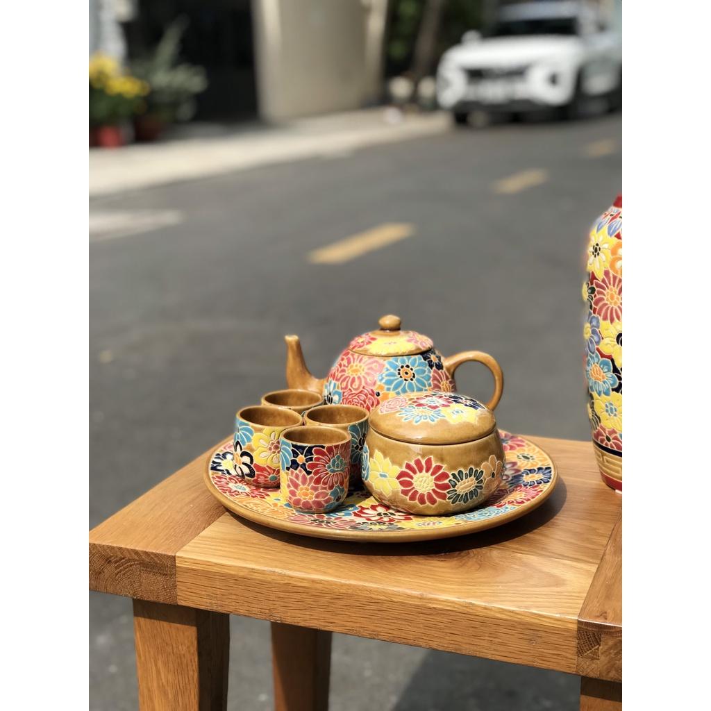 BỘ TRÀ GỐM SỨ THỦ CÔNG HỌA TIẾT BÁCH HOA CÓ VÀ KHÔNG ĐẾ