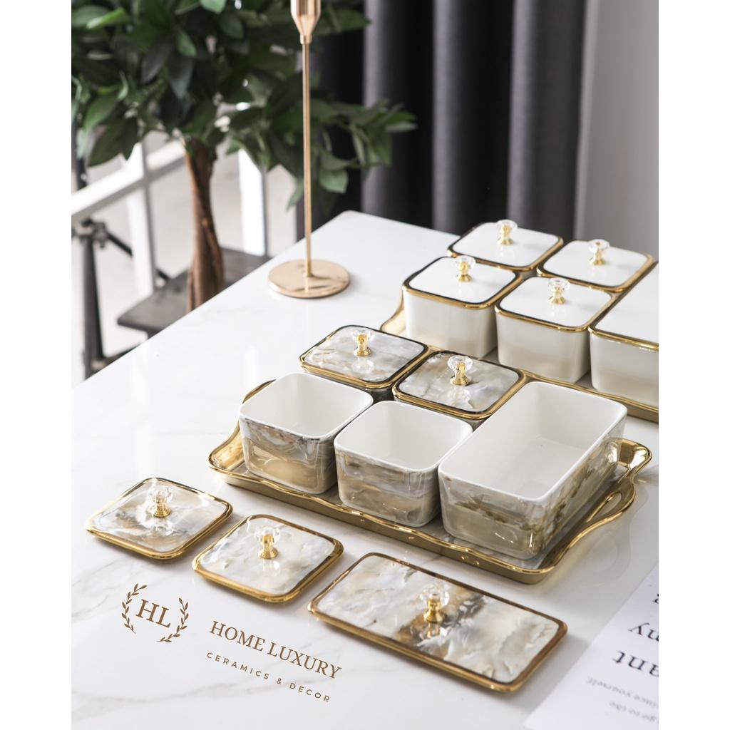Bộ Mứt Sứ Chữ Nhật Decor Siêu Xinh | Khay đựng bánh kẹo mứt tết 5 ngăn sứ có nắp Cao Cấp Hàn Quốc