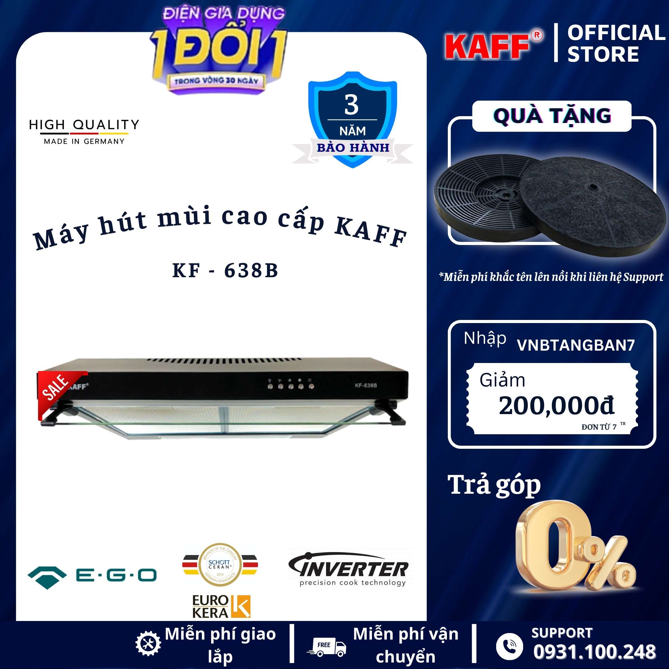 Máy hút mùi cổ điển màu đen 600mm KAFF KF_638B Tặng bộ lọc than thay thế _ Hàng Chính Hãng