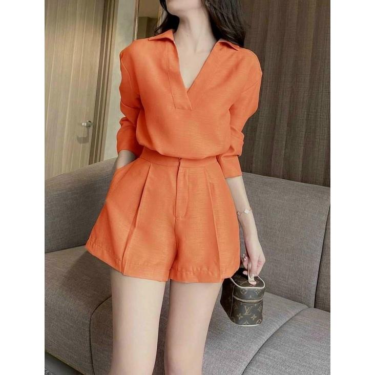 Sét bộ thời trang nữ áo sơ mi cổ V tay dài phối quần đùi đa dạng màu sắc .