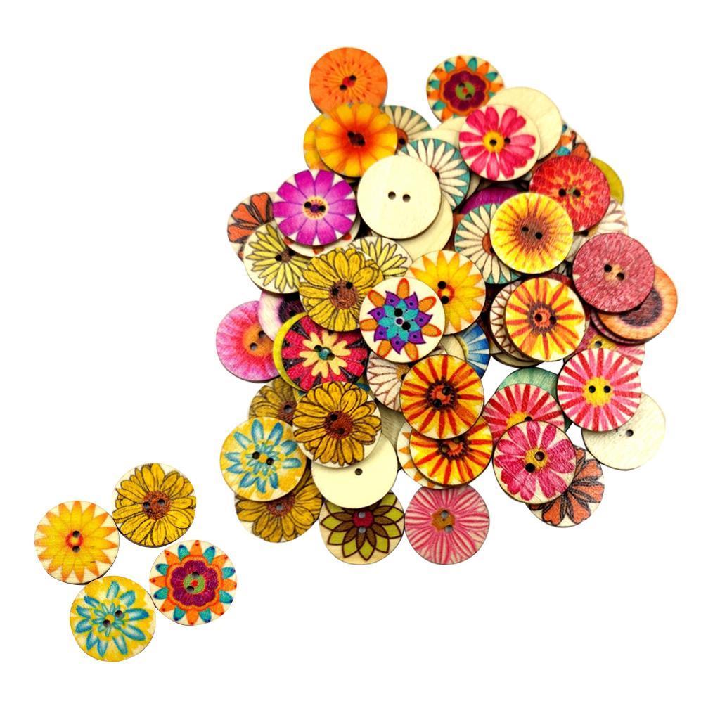 Pack of 100 Mixed Random Flower Patterns Round Wooden Buttons Assorted Colors for DIY Sewing Crafting DIY, 15mm 20mm