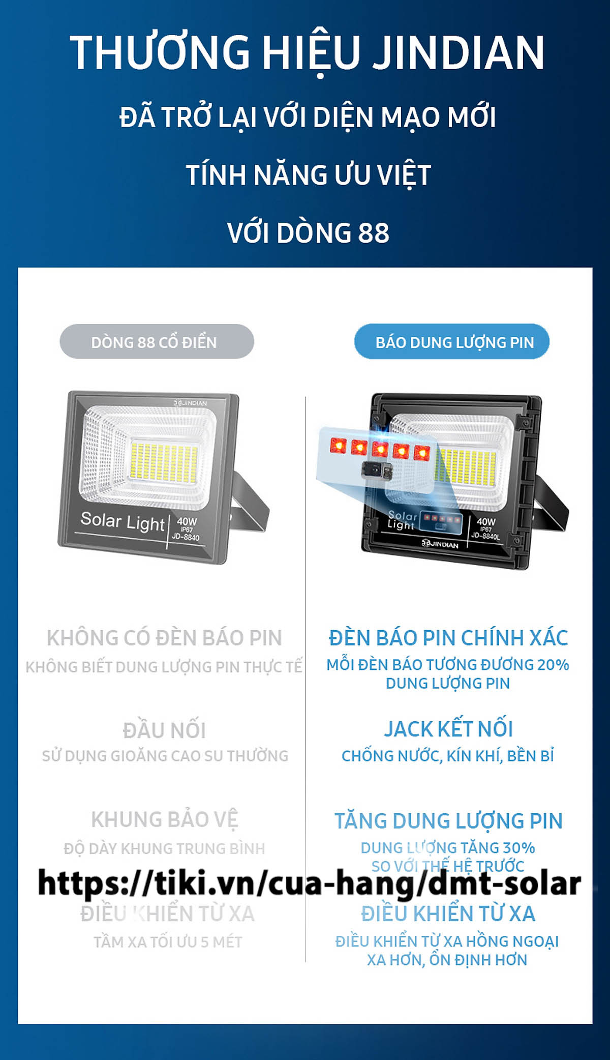 [JINDIAN] Đèn pha năng lượng mặt trời 500W JD-8500L - Chính hãng [Bảo hành 02 năm]