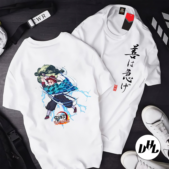 Áo thun trắng Anime, Manga Thanh g diệt quỷ Tanjiro múa kiếm 03, Unisex Nam Nữ có Size áo từ 25-95kg
