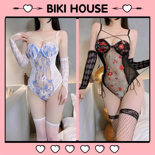 Đồ lót liền thân ren xuyên thấu sexy gợi cảm bodysuit 2 dây phối hoa phối hoa đáng yêu / không kèm vớ BIKI HOUSE N917