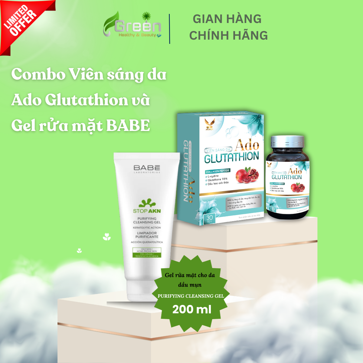 COMBO Viên sáng da Ado Glutathion và Gel rửa mặt BABE Stop AKN Purifying Cleansing Gel (200ml)