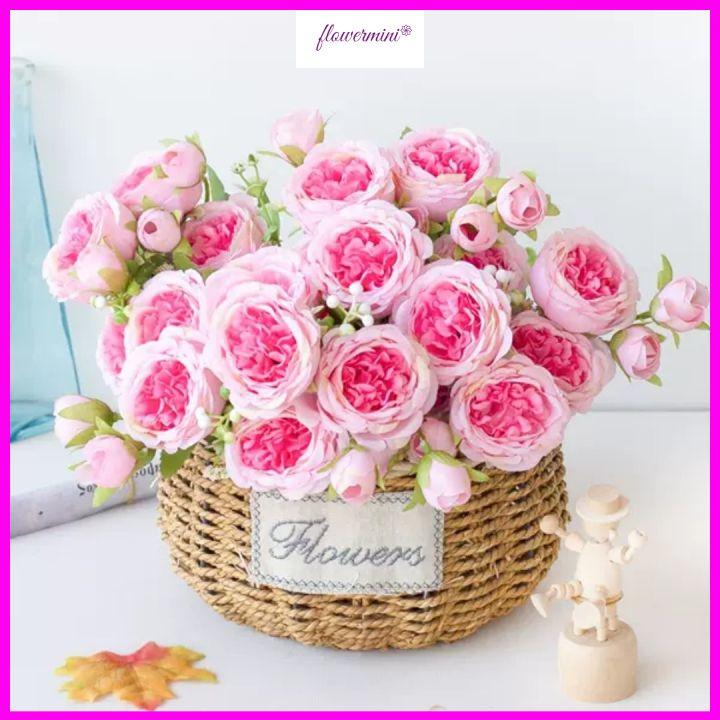 Bó hoa hồng Juliet lụa cao cấp 5 bông 4 nụ kèm quả điểm trang trí phòng khách, cửa hàng siêu đẹp Flowermini HH-504