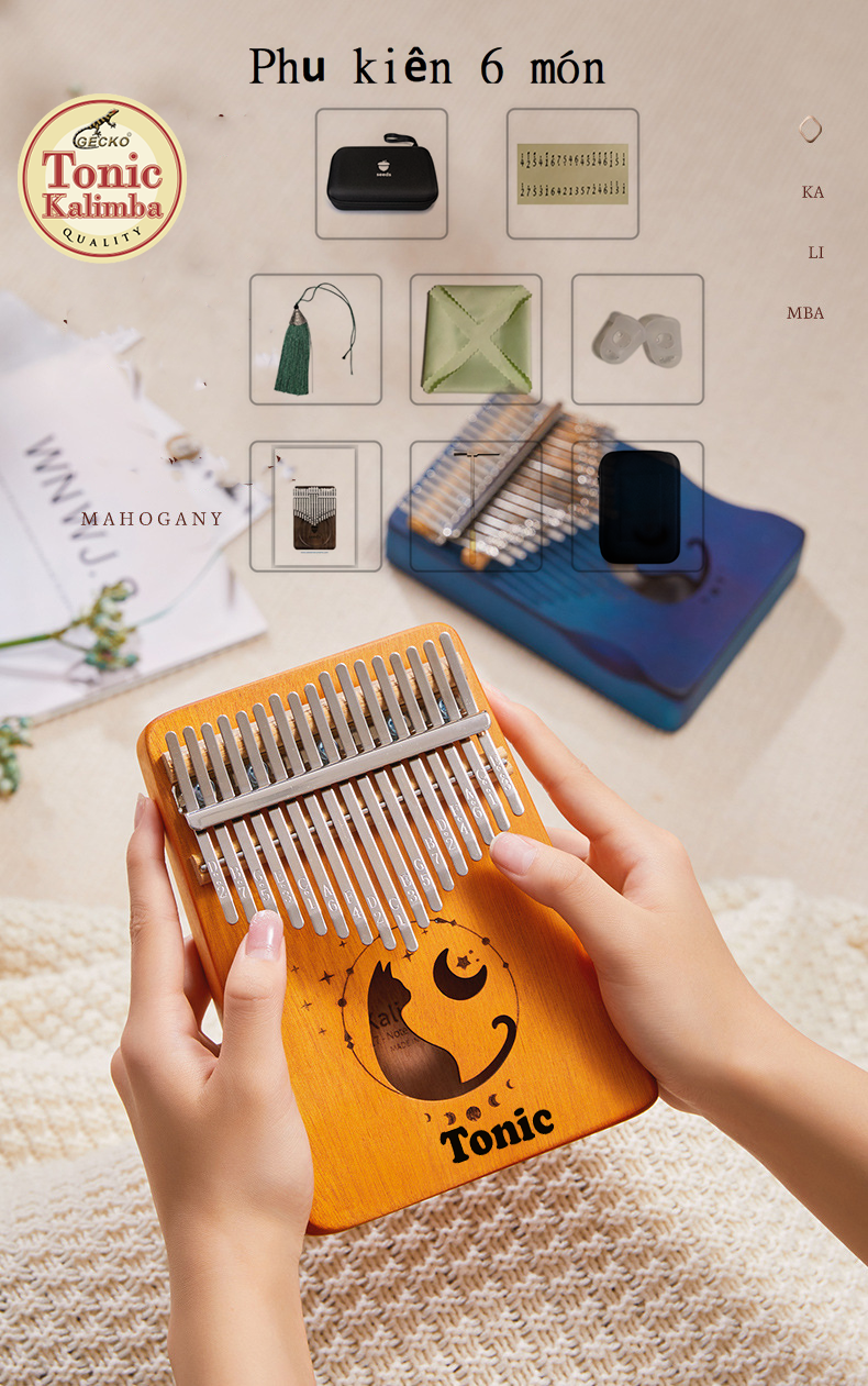 Trọn bộ 6 phụ kiện- Đàn kalimba gỗ hộp cộng hưởng Tonic 17 phím cao cấp loại 1 hình mèo cute MB17K- Hàng chính hãng