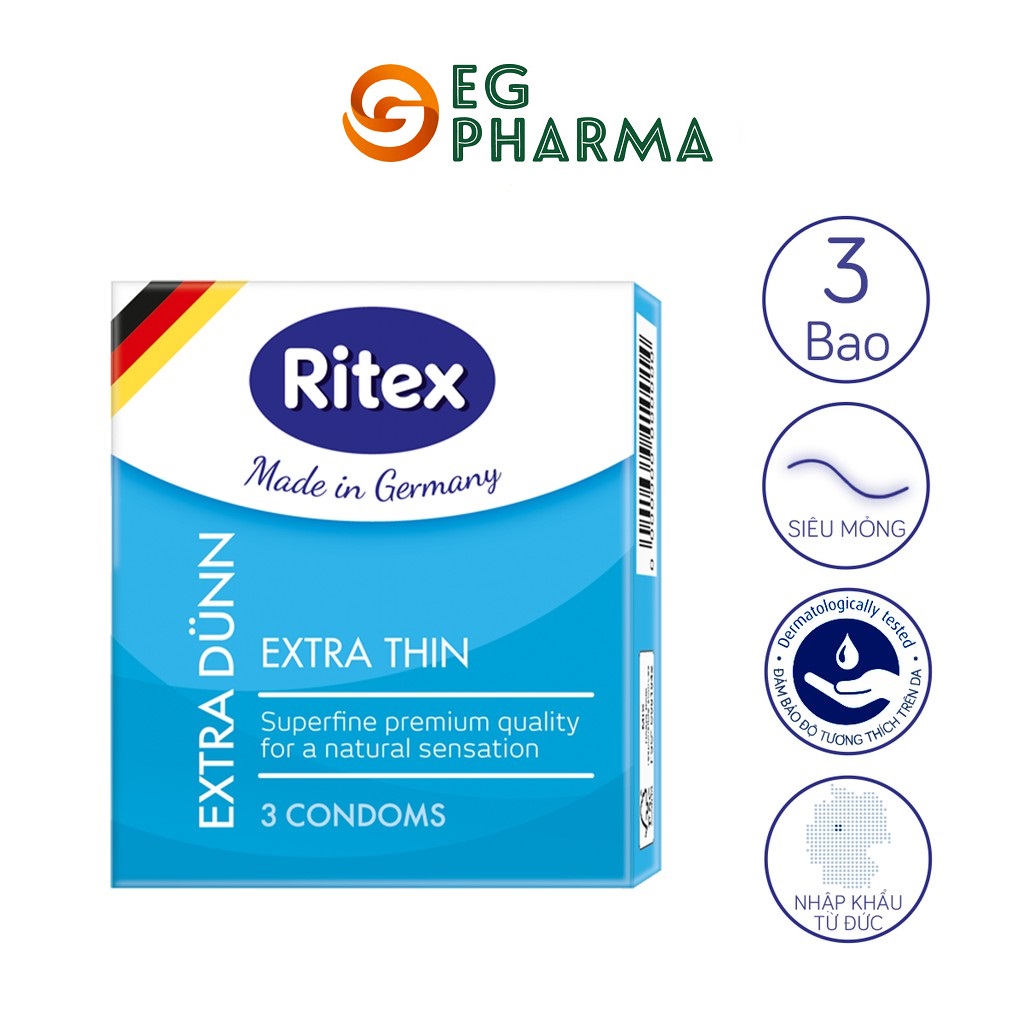 Bao cao su Ritex Extra Dünn siêu mỏng 0.01, mềm mại, bền dai hộp 3 bao - Nhập khẩu chính hãng