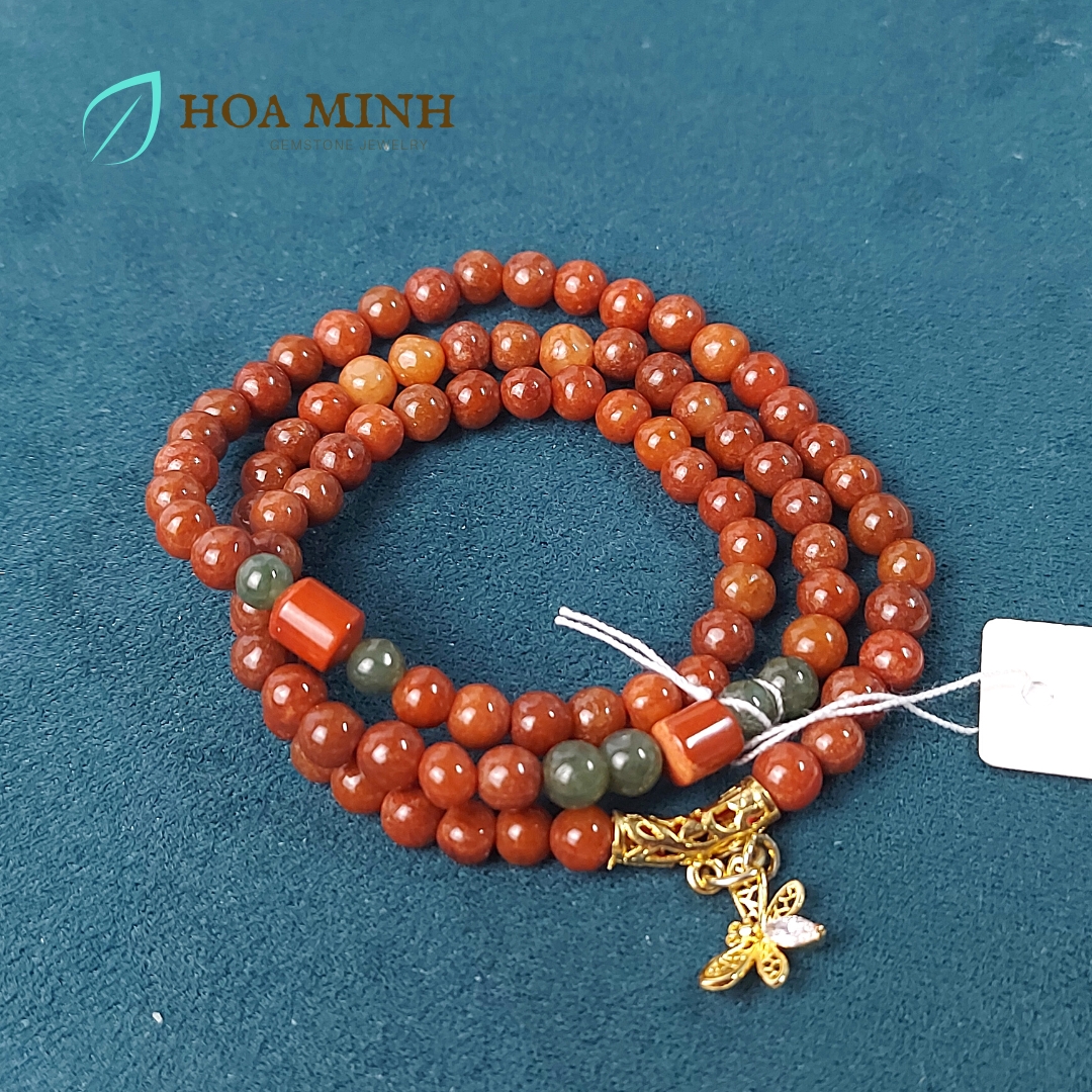 Vòng tay chuỗi Cẩm Thạch Huyết size 5.5 li phong cách đeo quấn 3 vòng phối charm bướm, ngọc jasper, có thể làm vòng cổ