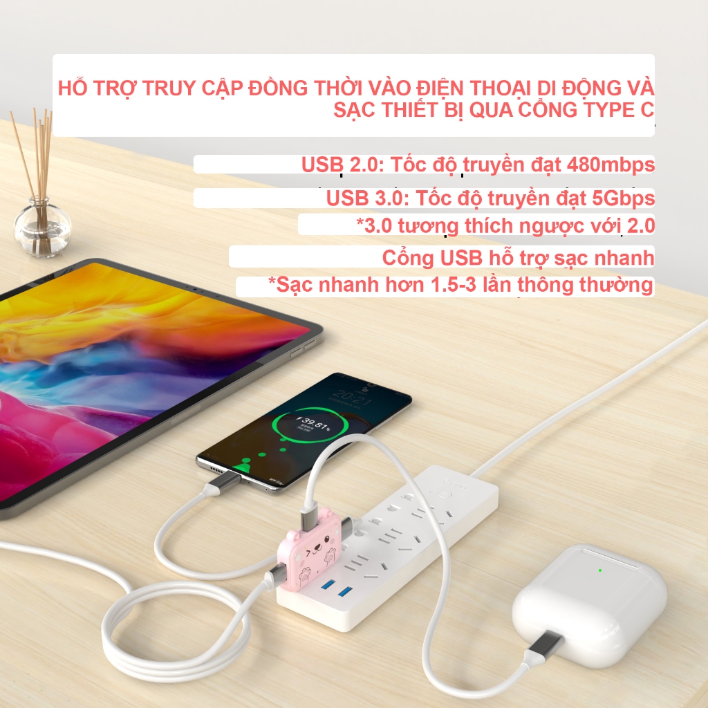 Bộ HUB TEEMO PC Chia 3 Cổng Hình Mèo USB Type C Dùng Cho Laptop Surface Macbook IPad Điện Thoại Smart Phone - Hàng Chính Hãng