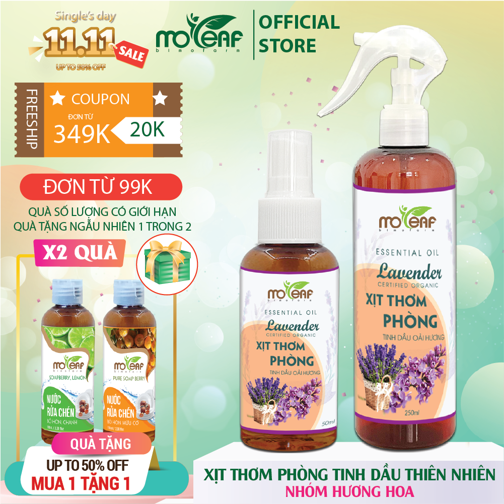 Xịt Thơm Phòng Moleaf Tinh Dầu Hoa Oải Hương - Lavender Thơm Mát Thư Giãn Hỗ Trợ An Thần Đuổi Muỗi Đuổi Con Trùng 250ml