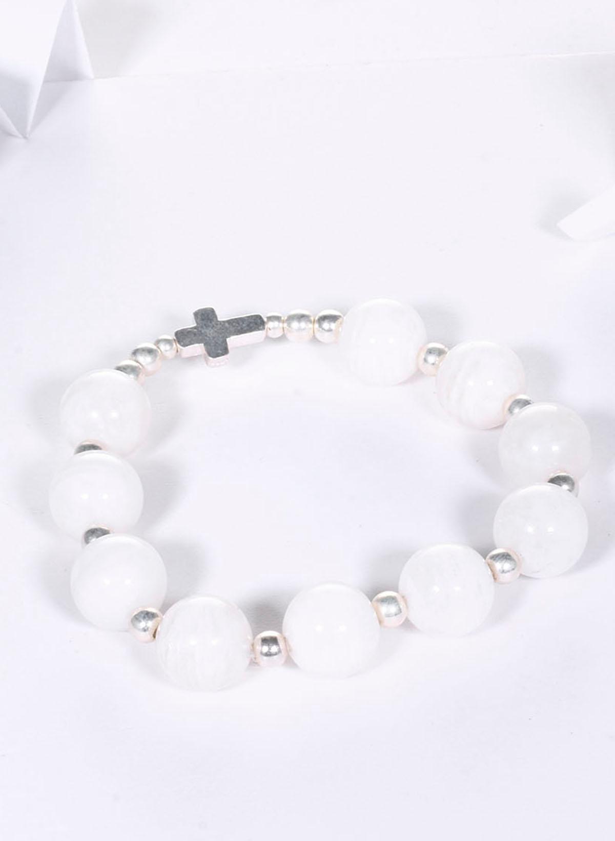 Vòng chuỗi mân côi đá xà cừ trắng mix thánh giá bạc hạt đá 10mm - Ngọc Quý Gemstones