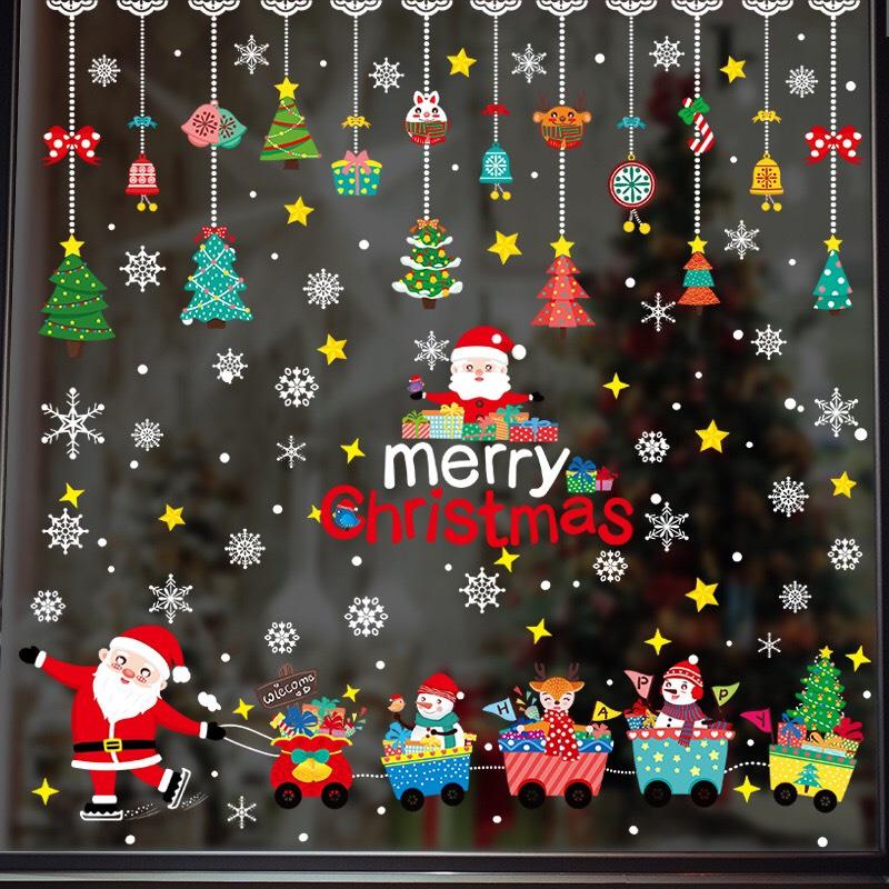 Decal trang trí Noel Hít Tĩnh Điện - Combo 2 tấm Noel kéo xe và rèm dây thông