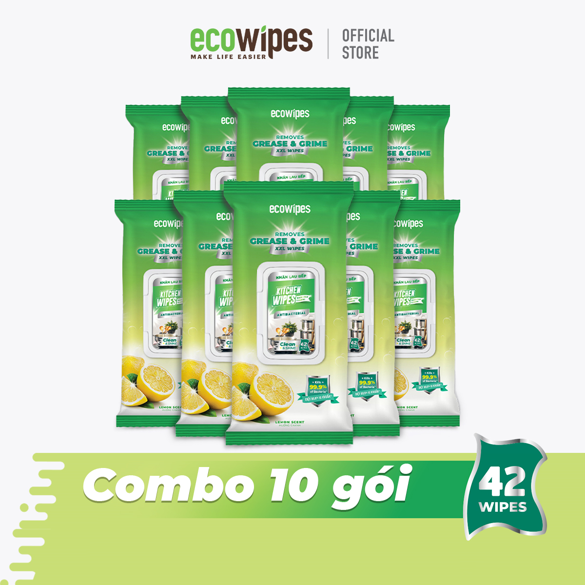 Combo 10 gói khăn giấy ướt lau bếp KitchenWipes gói 42 tờ size 30x20cm giúp làm sạch dầu mỡ các vết bẩn cứng đầu