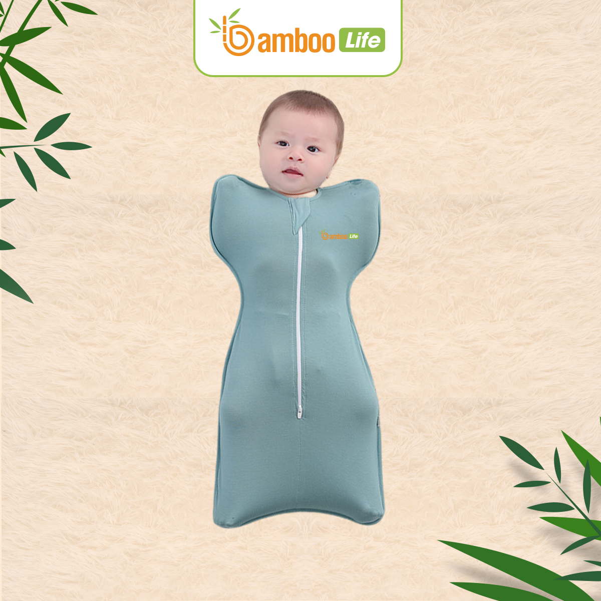 Nhộng chũn Quấn chũn sợi tre Bamboo Life BL069 hàng chính hãng cho bé Túi ngủ cho bé giúp bé ngủ sâu chống giật mình  – M – Xanh