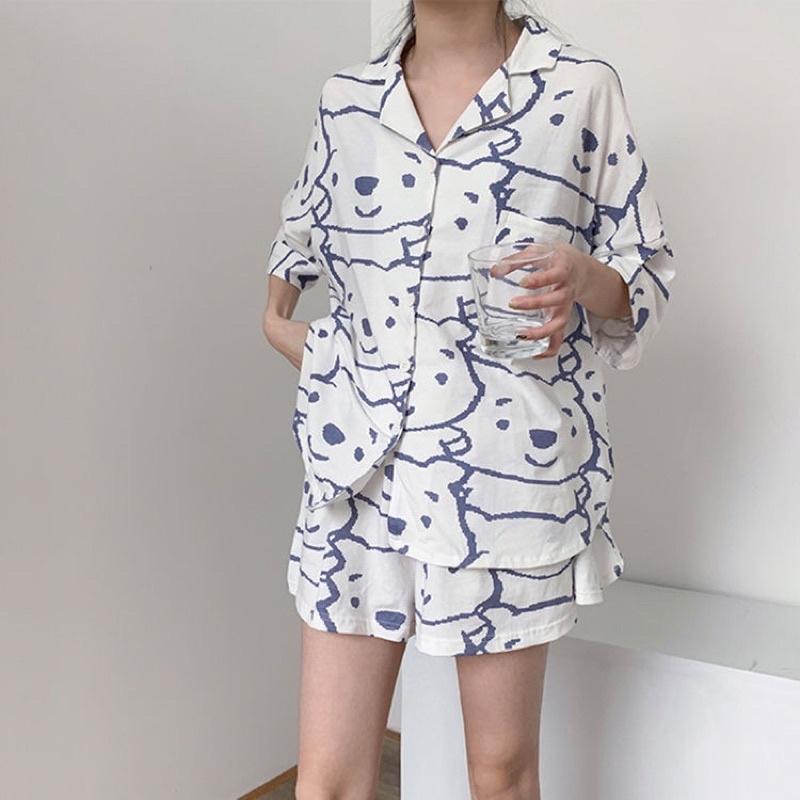 Set Bộ Đồ Ngủ Nữ Pijama Cộc Tay Quần Đùi Chất Kate Thái Họa Tiết Cute Bò Sữa Gấu Hoạt Hình Siêu Đẹp - BR07 - Black Rose