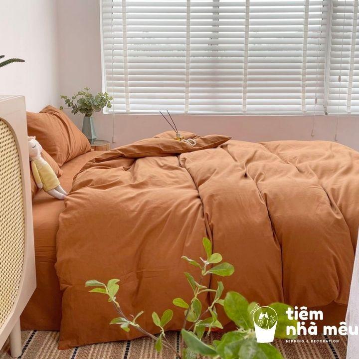 Bộ Vỏ Chăn Ga Gối Cotton Đũi 1m6/1m8/2m - Tiệm Nhà MêuSet 4 Món Cotton Đũi Màu Nâu Cam Siêu Mềm Mịn Cao Cấp Nhập Khẩu