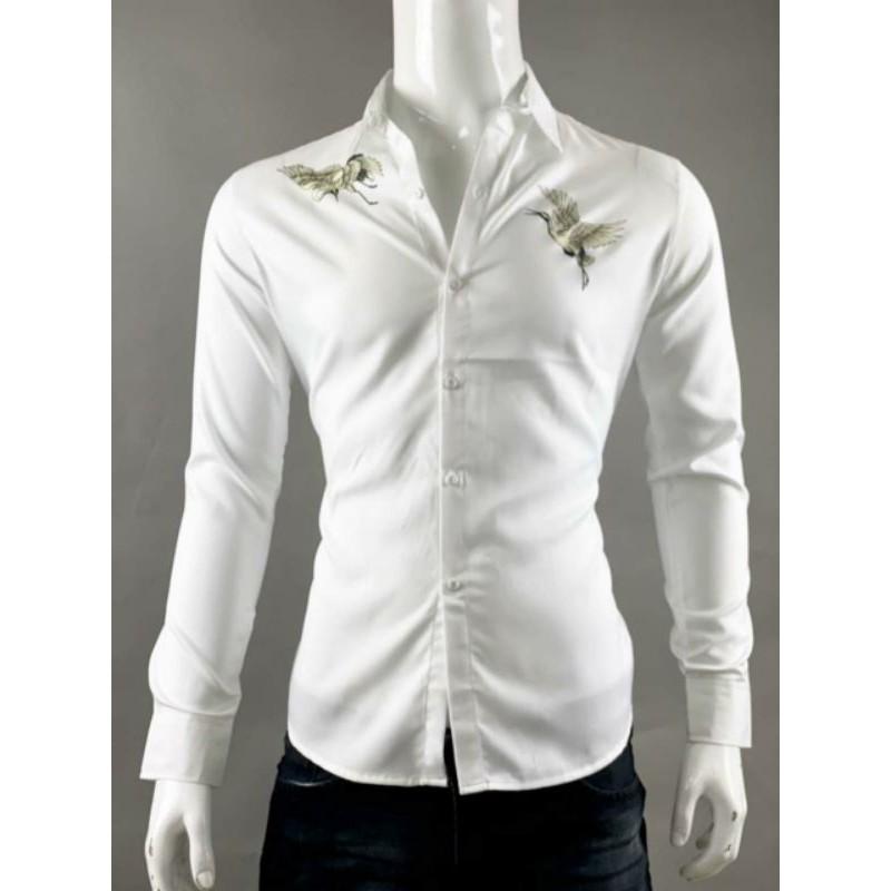 Áo sơ mi nam nữ trắng thêu 2 chim TM