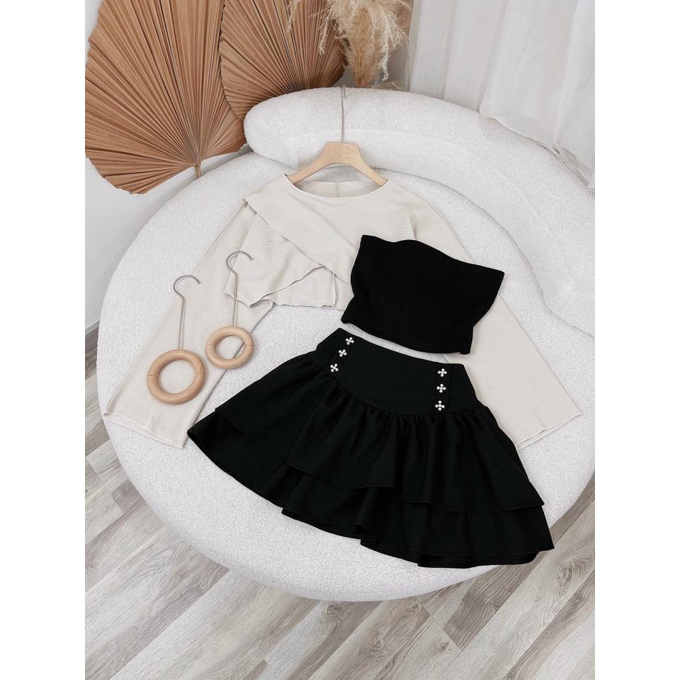 Sét 3 món áo đắp chéo kèm áo crop đen cúp ngực phối chân váy 2 tầng đính cườm