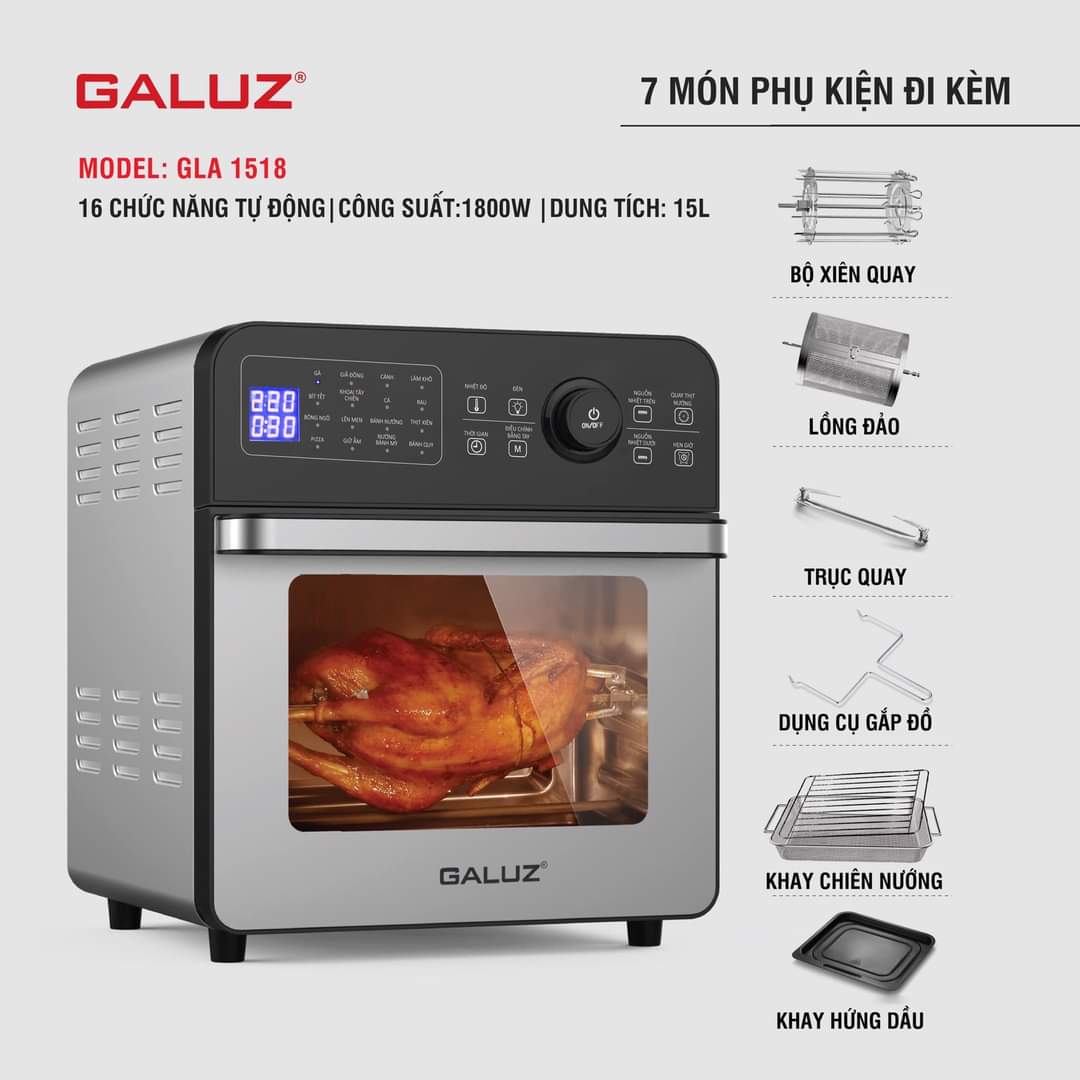 Nồi chiên không dầu Galuz GLA-1518, dung tích 15L, công suất 1800w, 16 chức năng chiên nướng. Hàng nhập khẩu chính hãng