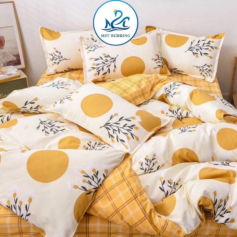 Bộ chăn ga gối Cotton poly M2T Bedding Hoa tròn vàng, vỏ chăn mền, drap nệm và 2 vỏ gối