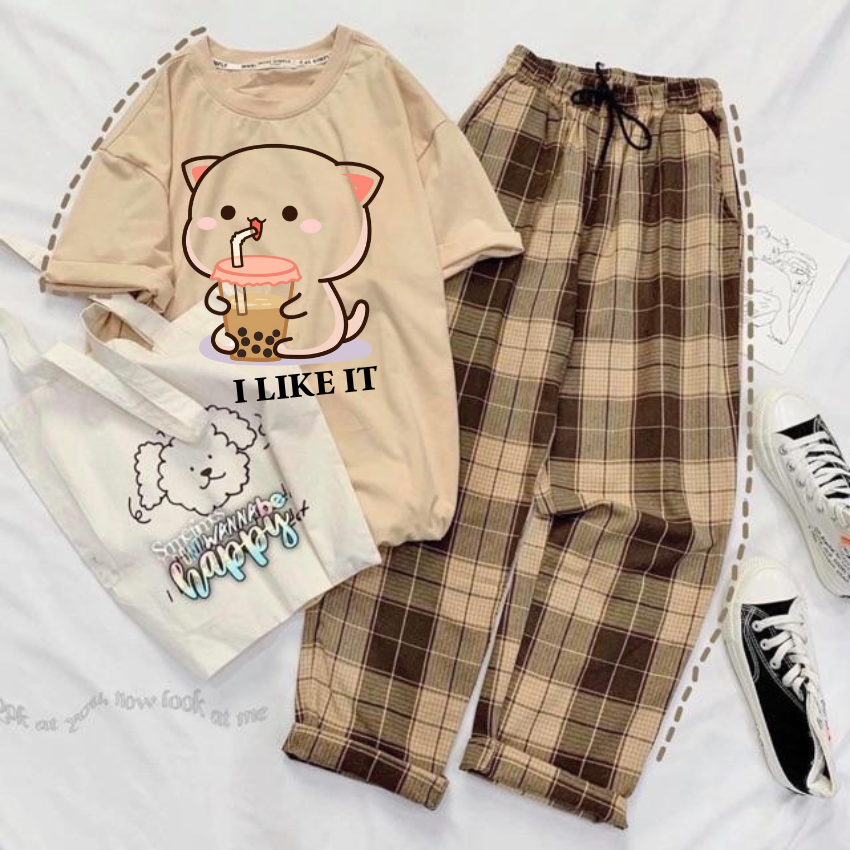 Sét Bộ Nữ SS14, Sét Đồ Nữ Đi Chơi Đẹp In Hình Mèo Uống Nước Dễ Thương