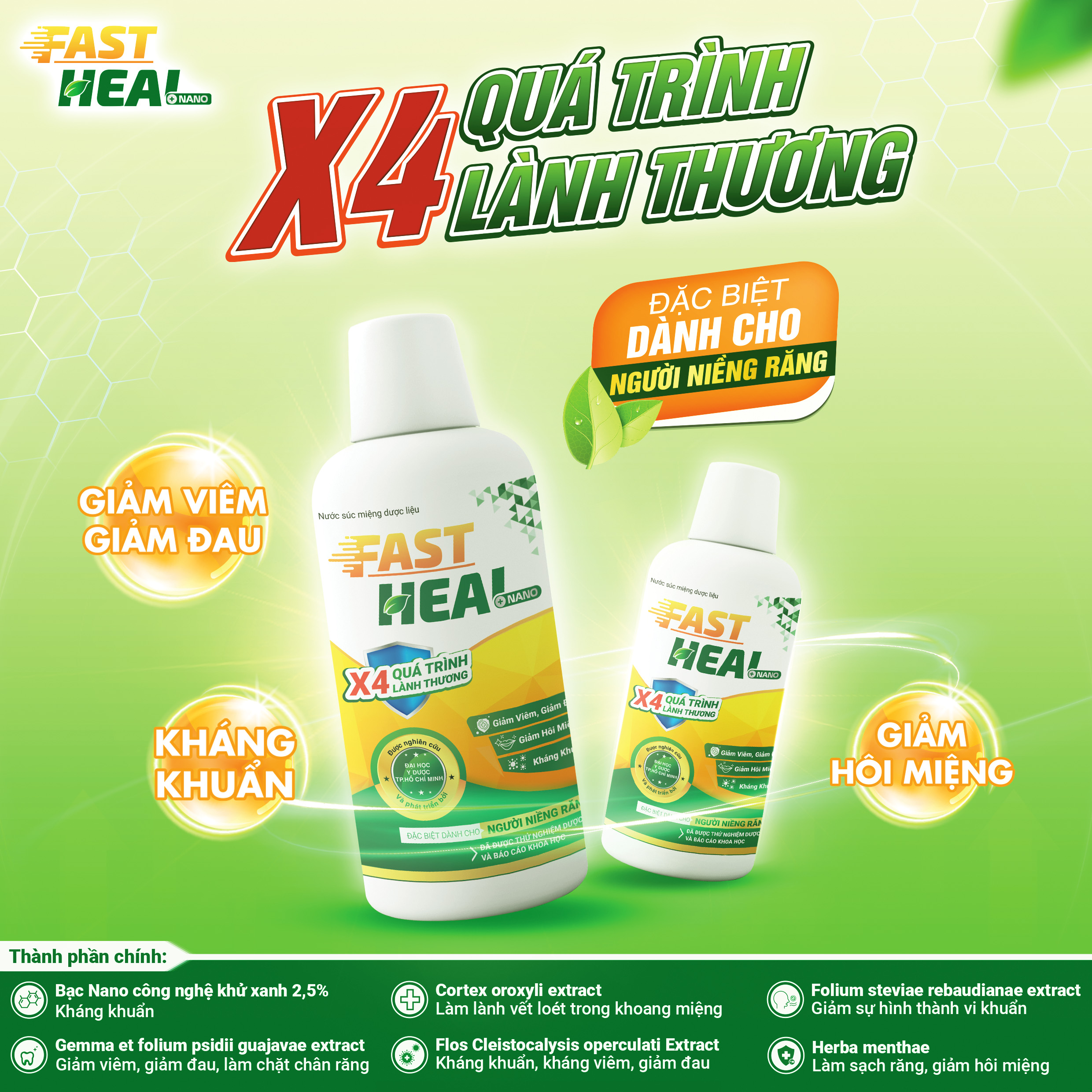 Nước súc miệng dược liệu Fast Heal Nano - Giảm viêm, giảm đau, kháng khuẩn, giảm hôi miệng, người niềng răng- Chai 500ml