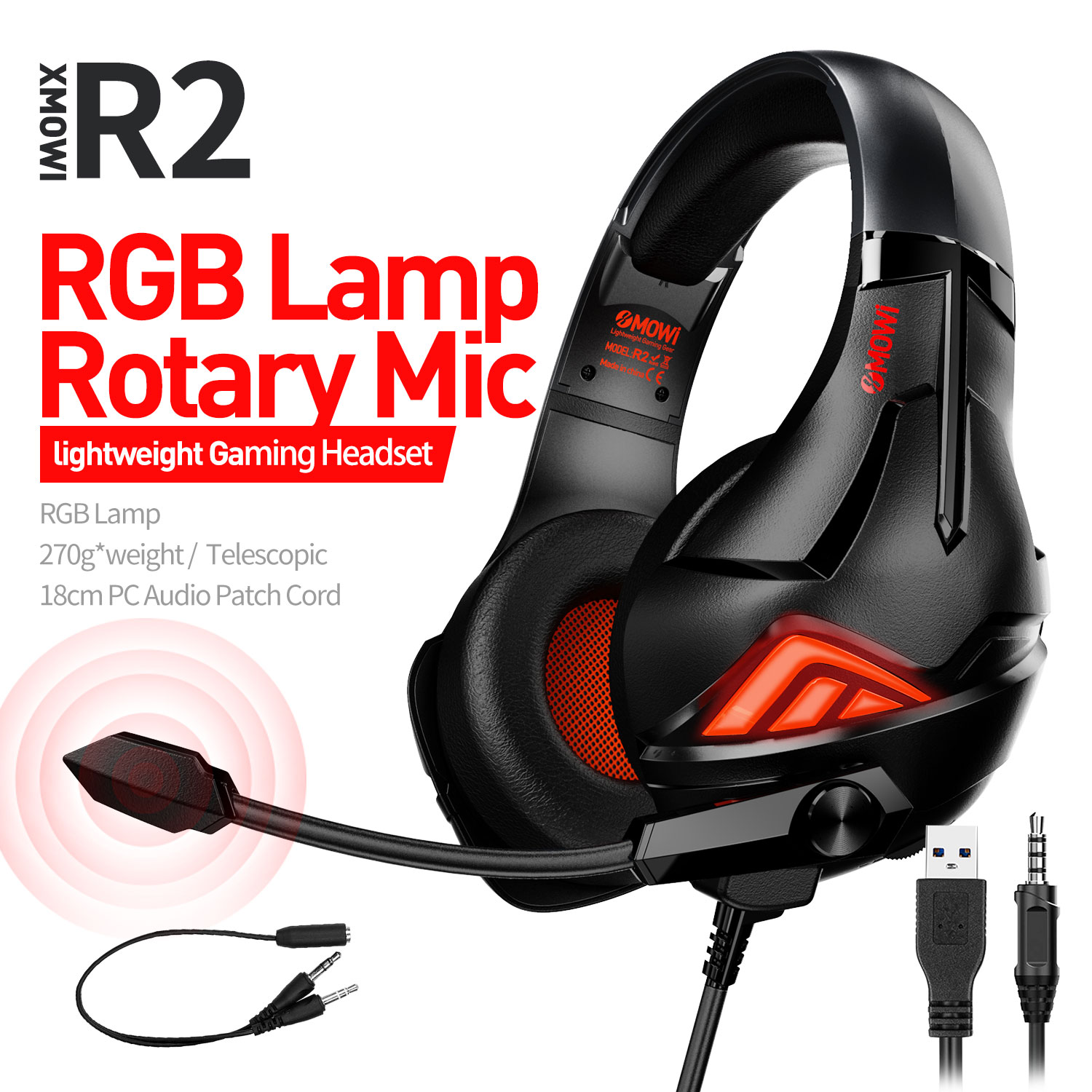 Tai nghe chụp tai xMOWI R2 - Tai nghe gaming có mic - Chống tiếng ồn - Đèn led RGB - Kết nối 3.5mm và USB - Hàng Chính Hãng