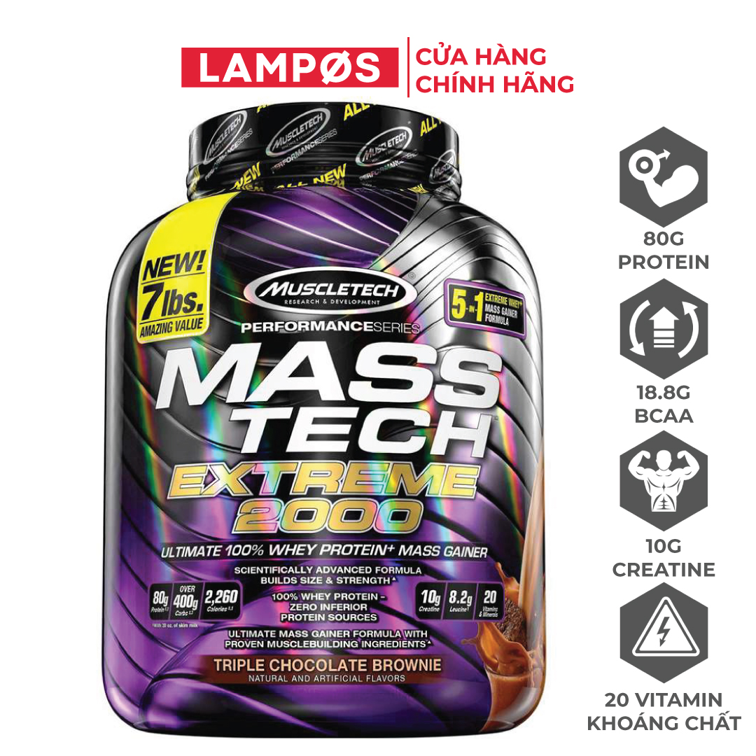 MuscleTech Mass Tech Extreme 2000 (3.2Kg) Hỗ Trợ Tăng Cân Cho Nam &amp; Nữ | 80g Protein, 18g BCAA, 10g Creatine, 20 Loại Vitamin Khoáng Chất