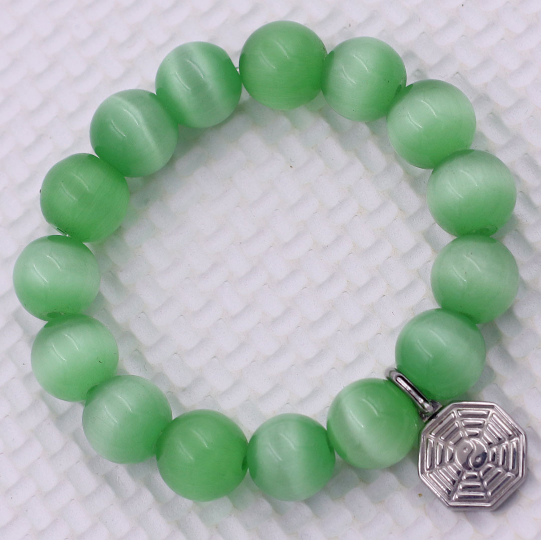 Vòng chuỗi đeo tay đá mắt mèo xanh lá charm bát quái inox, vòng tay hạt chuỗi, vòng chuỗi phong thủy, vòng tay nam nữ