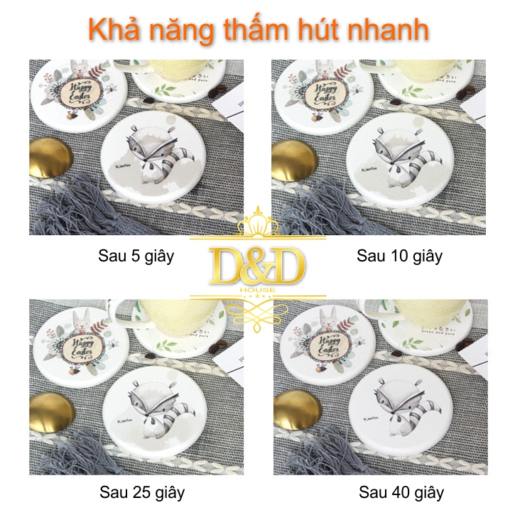 Lót ly, cốc Diatomite tròn siêu hút nước họa tiết, thông điệp dễ thương