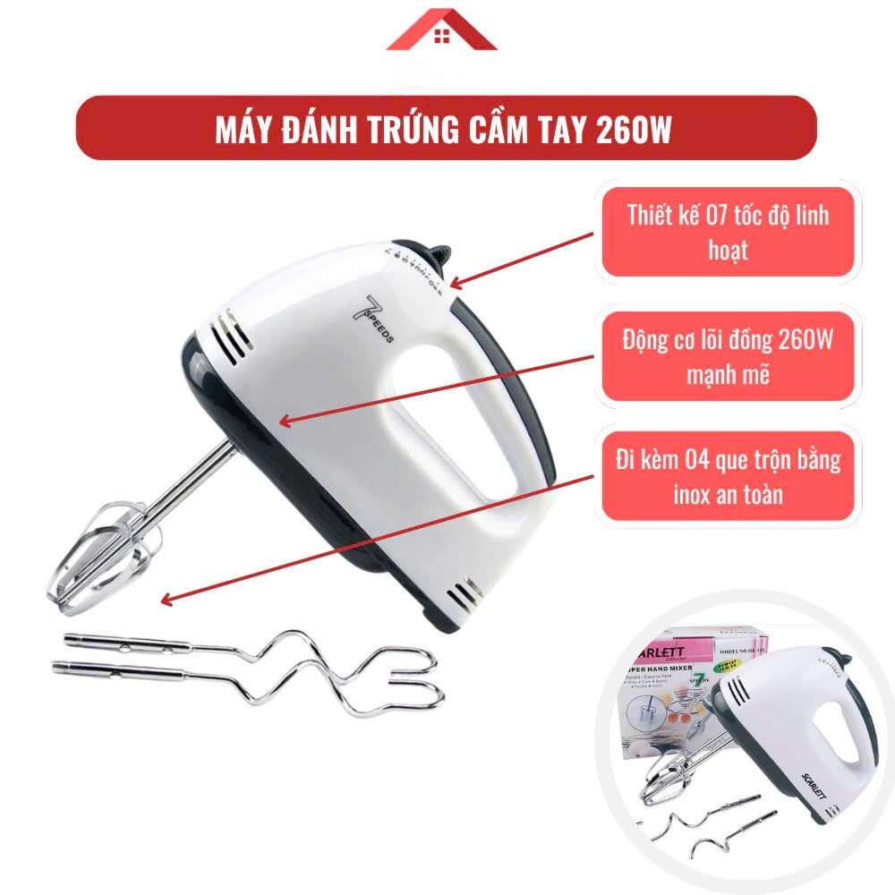 Máy Đánh Trứng Cầm Tay 7 Tốc Độ Công Suất Lớn Tặng Kèm 4 Que Đánh Cao Cấp Thép Không Gỉ - Hàng Chính Hãng - Hàng Nhập Khẩu