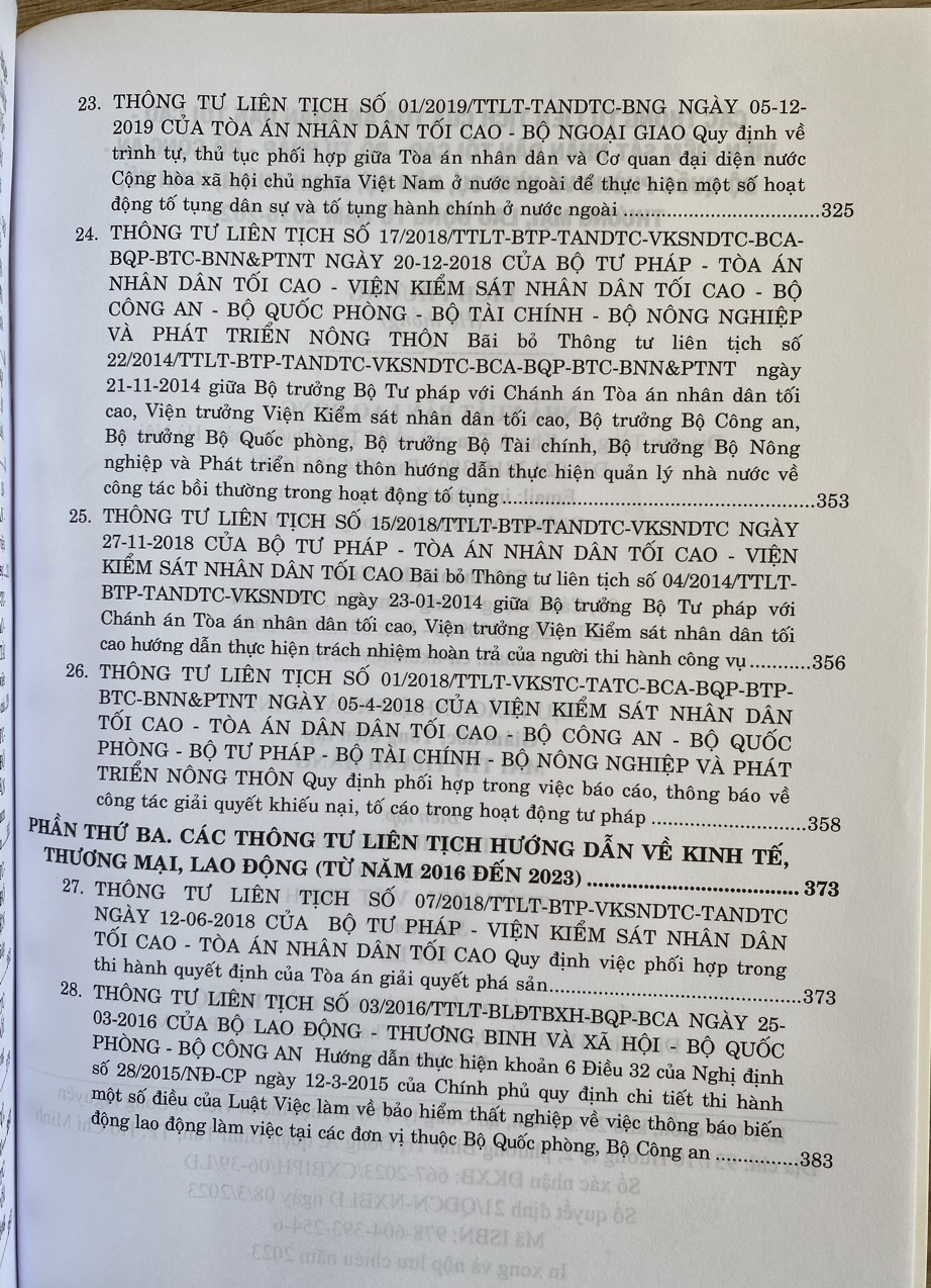 Các Thông Tư Liên Tịch của Toà Án Nhân Dân Tối Cao - Viện Kiểm Sát Nhân Dân Tối Cao- Bộ Tư Pháp - Bộ Công An - Bộ Quốc Phòng Về Hình Sự, Dân Sự, Hành Chính, Kinh Tế, Thương Mại, Lao Động  từ năm 2016-2023