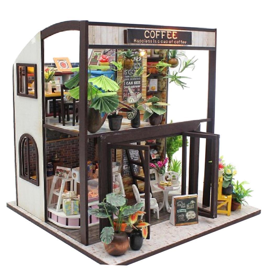 Dollhouse Miniature DIY Kit Toy with Furniture Handcraft Coffee House Gift