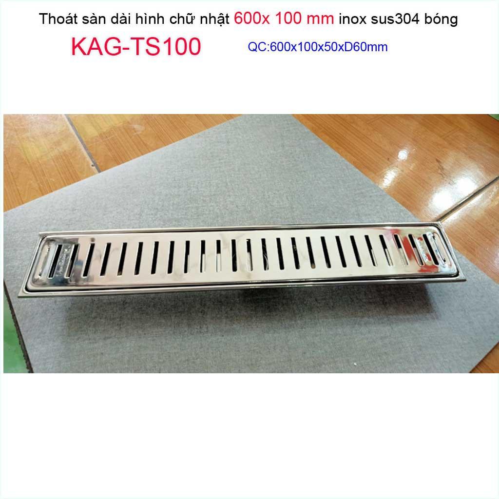 Phễu thoát sàn 10x60cm KAG-TS100, thoát sàn nhà tắm hình chữ nhật Inox SUS304 bóng cao cấp