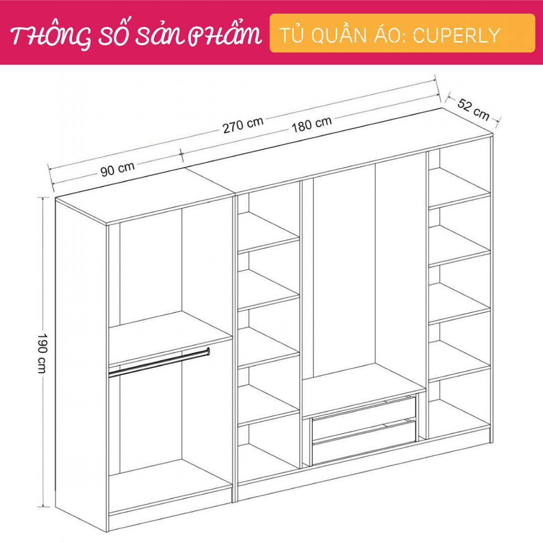 Tủ quần áo gỗ hiện đại SMLIFE Cuperly  | Gỗ MDF dày 17mm chống ẩm | D270xR52xC190cm