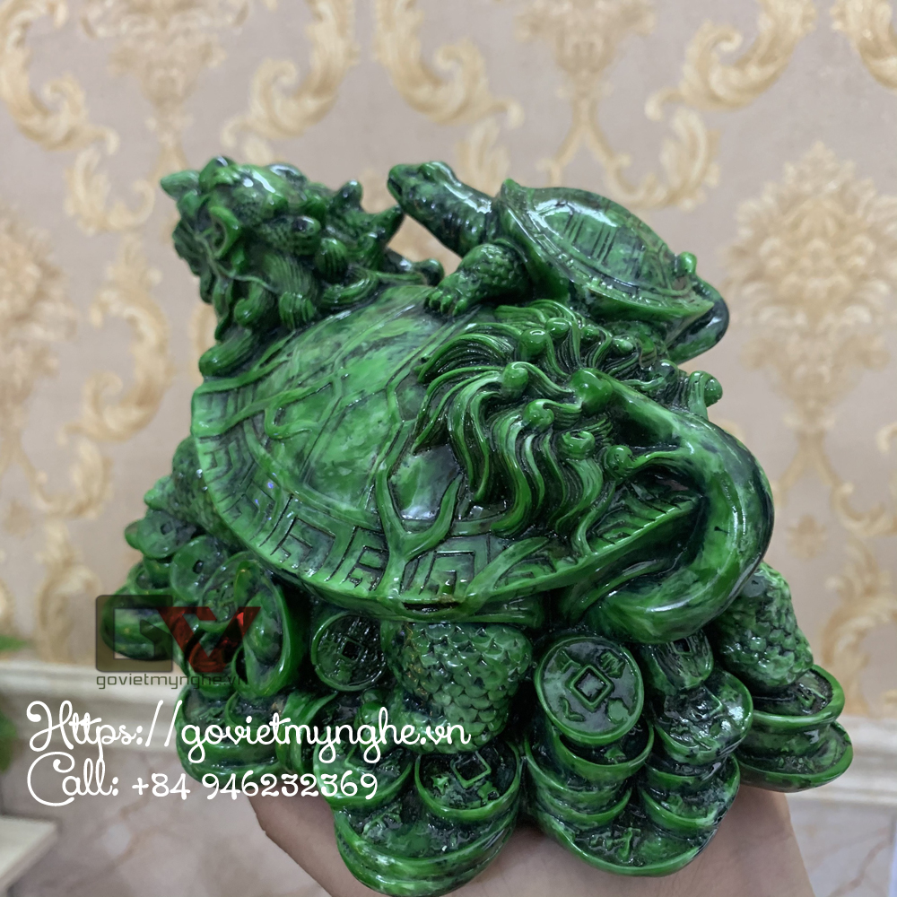 Tượng đá long quy _ Rùa đầu rồng trang trí phong thủy - Long quy cõng rùa con - Dài 20cm - Xanh Lục Bích