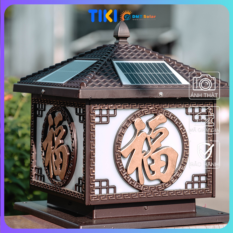 Đèn trụ cổng chữ Phúc năng lượng mặt trời hoa văn tinh xảo mạ vàng kích thước 30*30cm