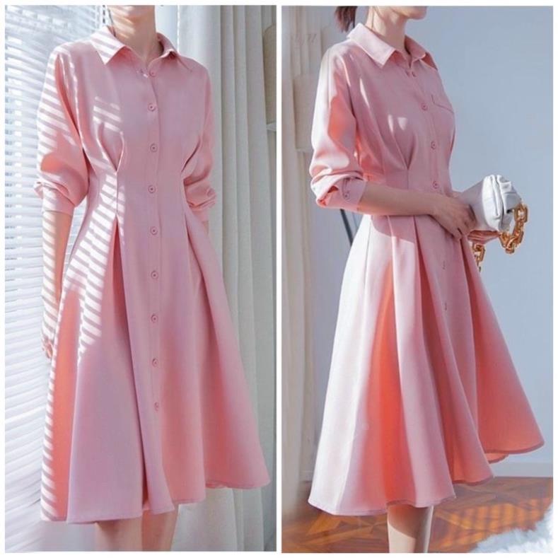 X2 Đầm công sở sơ mi hồng xếp li eo váy dáng xòe dự tiệc tay dài chiết eo tôn dáng thanh lịch