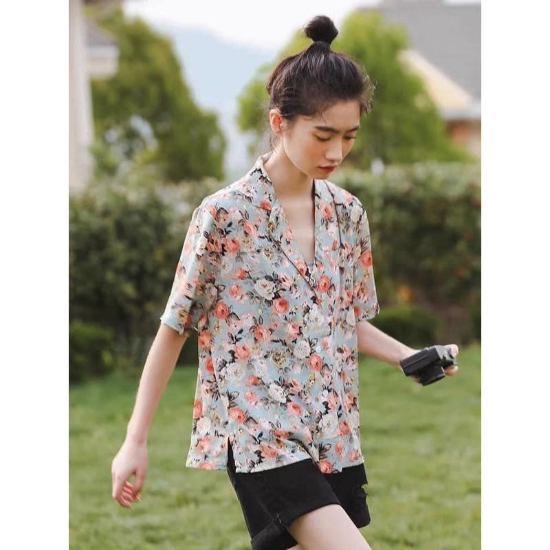 Áo sơmi cổ vest xanh hoa đỏ cao cấp