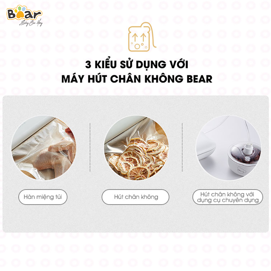 [Hàng Chính Hãng]Máy hút chân không thực phẩm Bear VS-B01V1 màu trắng công suất 130W. Lực hút mạnh, áp suất 70KPA, hút được 8L/phút. Từ đó, thực phẩm sẽ được bảo quản lên đến 2 tuần trong ngăn mát - 2 tháng trong ngăn đông đá