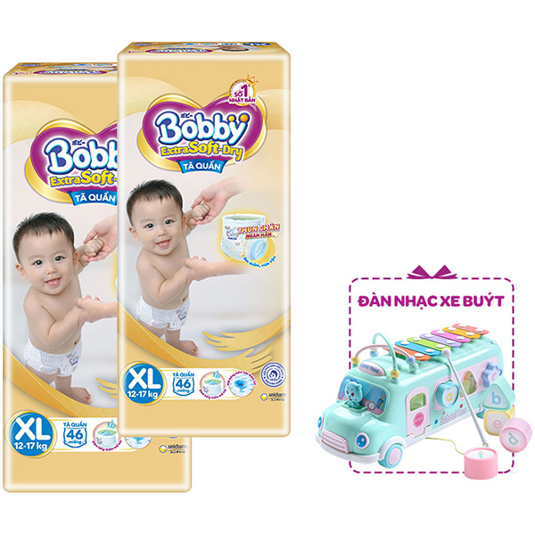 Combo 2 Tã Quần Bobby Extra Soft Dry XL46 - Tặng 1 Đàn Nhạc Xe Bus