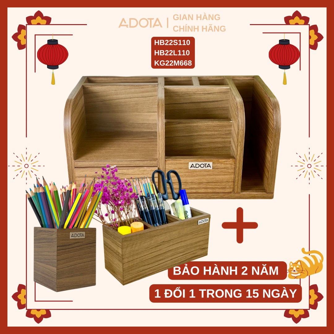 Combo kệ gỗ để bàn cao cấp, hộp cắm bút đơn và hộp cắm bút 3 ngăn để bàn decor bàn làm việc phong cách hiện đại sang trong gỗ MDF siêu bền ADOTA