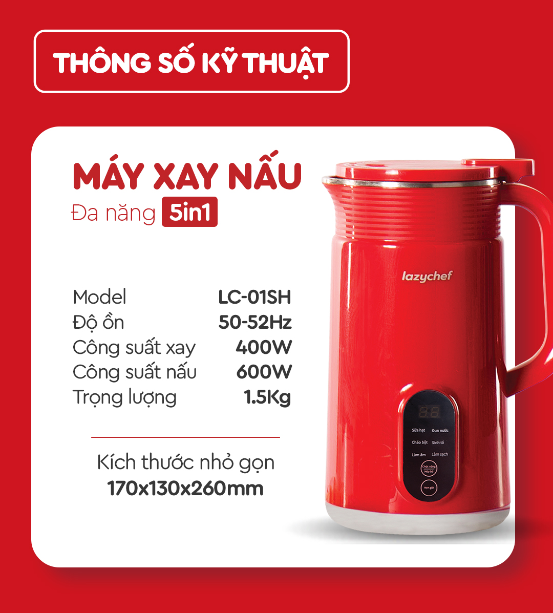 Máy Xay Nấu Đa Năng 5 In 1 Lazychef - Máy Làm Sữa Hạt, Máy Đa Năng Làm Sữa Đậu Nành,Nấu Cháo Chậm 800ml - Hàng Chính Hãng
