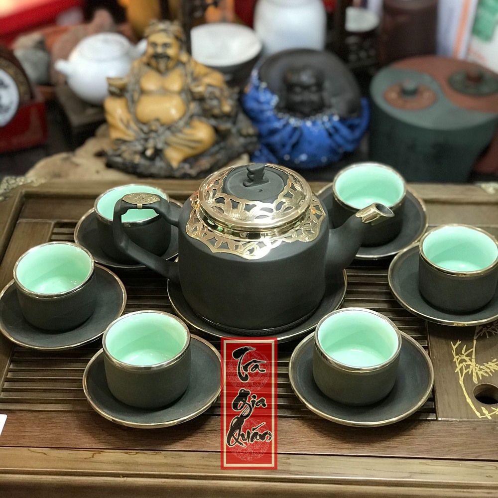 Bộ Ấm Trà Đạo Tử Sa Bát Tràng Bọc Đồng Họa Tiết Trơn Dáng Hán Đạc Dung Tích 400ml AVMT 34