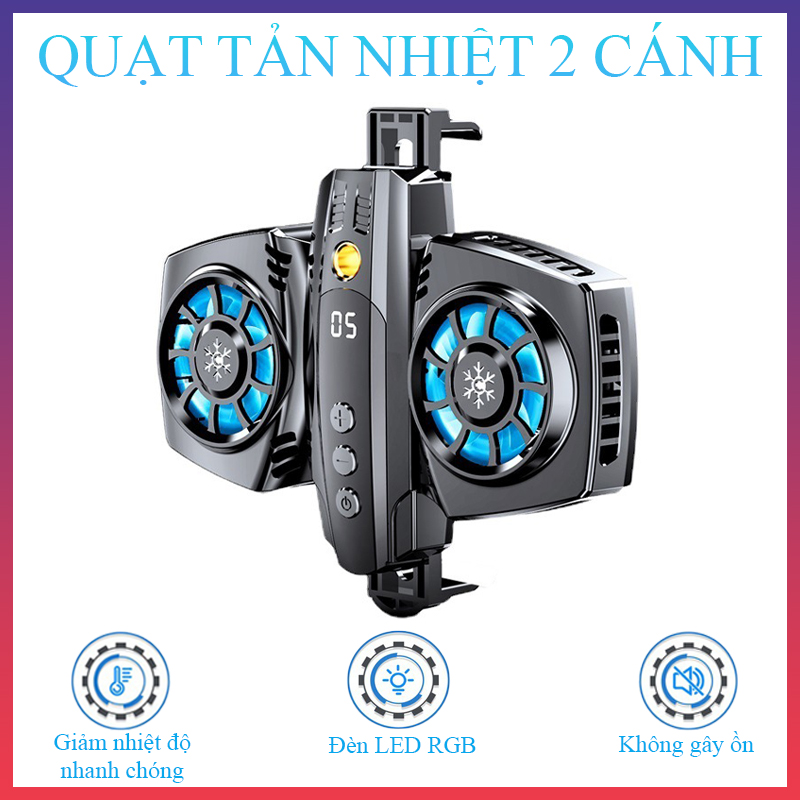 Quạt tản nhiệt kim loại 2 quạt làm mát cực nhanh,màn hình hiển thị nhiệt độ có thể gắn trippod/giá đỡ livestream - K1310