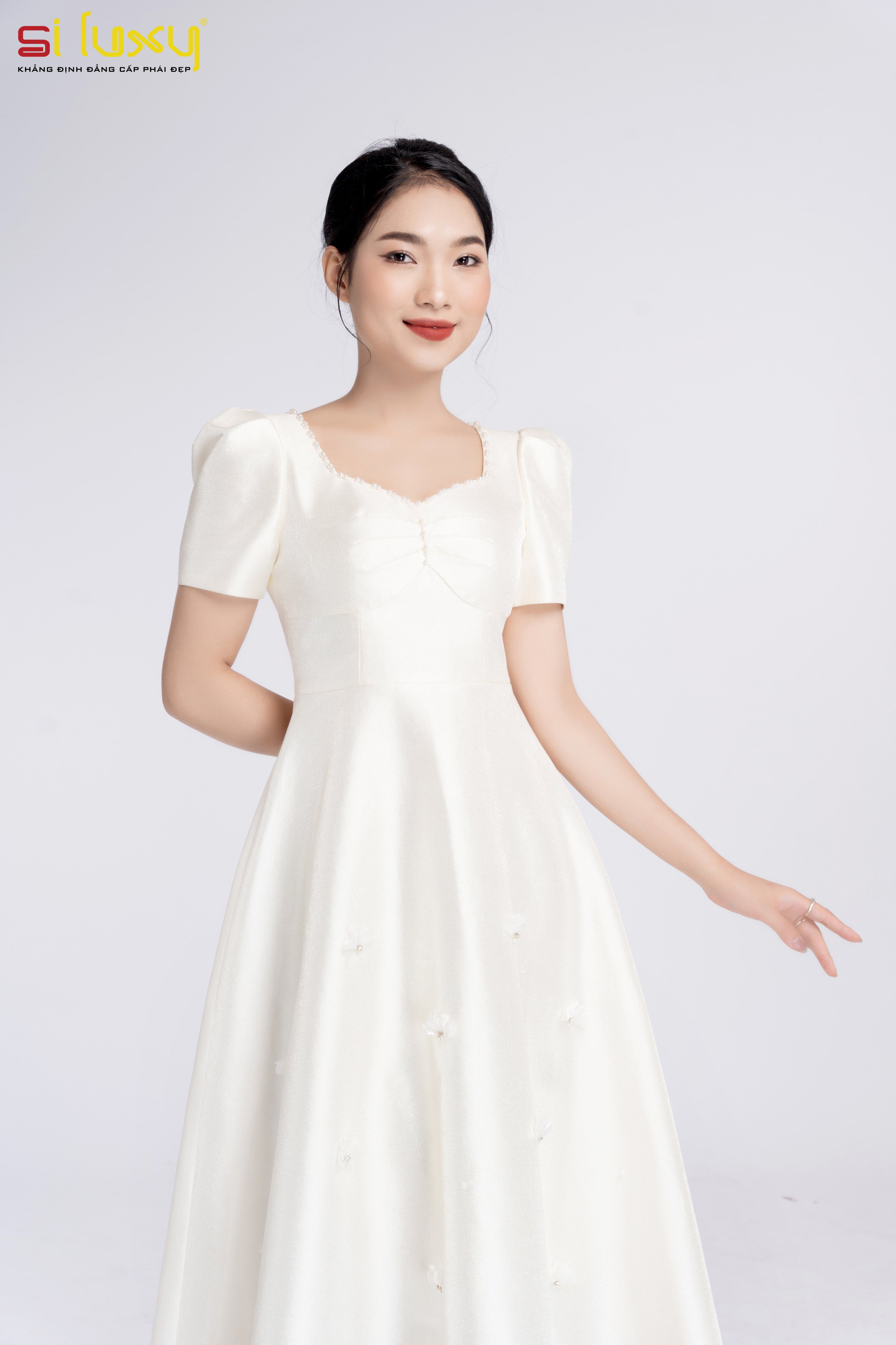 Đầm nữ Tafta trắng Siluxy dự tiệc sang trọng Thiết Kế Cao Cấp Giới Hạn Số Lượng dáng xòe tiểu thư D3-52