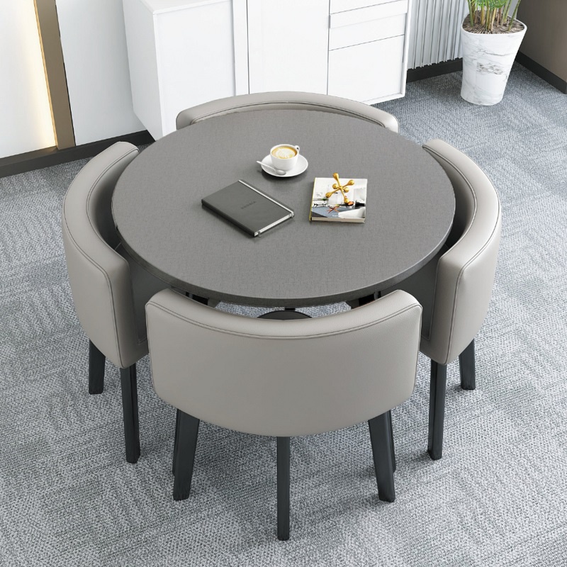Bộ bàn ăn tròn 4 ghế da khung thép, mặt gỗ tự nhiên phủ chống thấm giả vân đá, thiết kế tiết kiệm diện tích