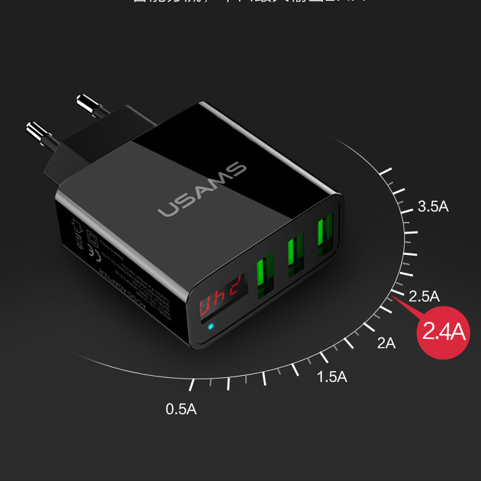 USAMS Dock sạc 3 cổng USB 3A - màn hình LCD hiển thị điện áp sạc - hàng chính hãng