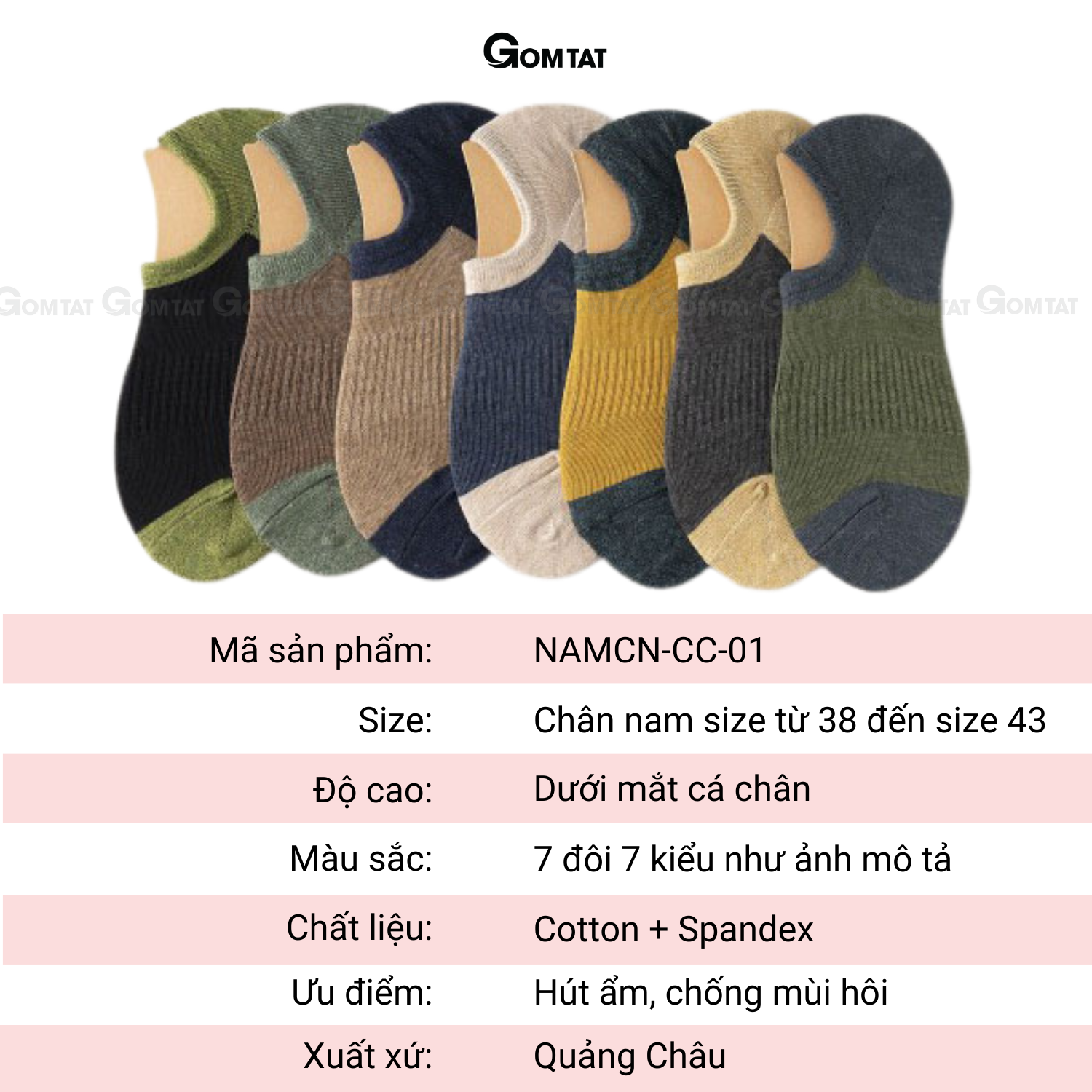 Vớ Nam Cổ Ngắn Cotton Cao Cấp [Set 7 Đôi] , Tất Nam Cổ Thấp Có Đệm Cao Su Chống Tuột Gót Chân - NACN-CC-01